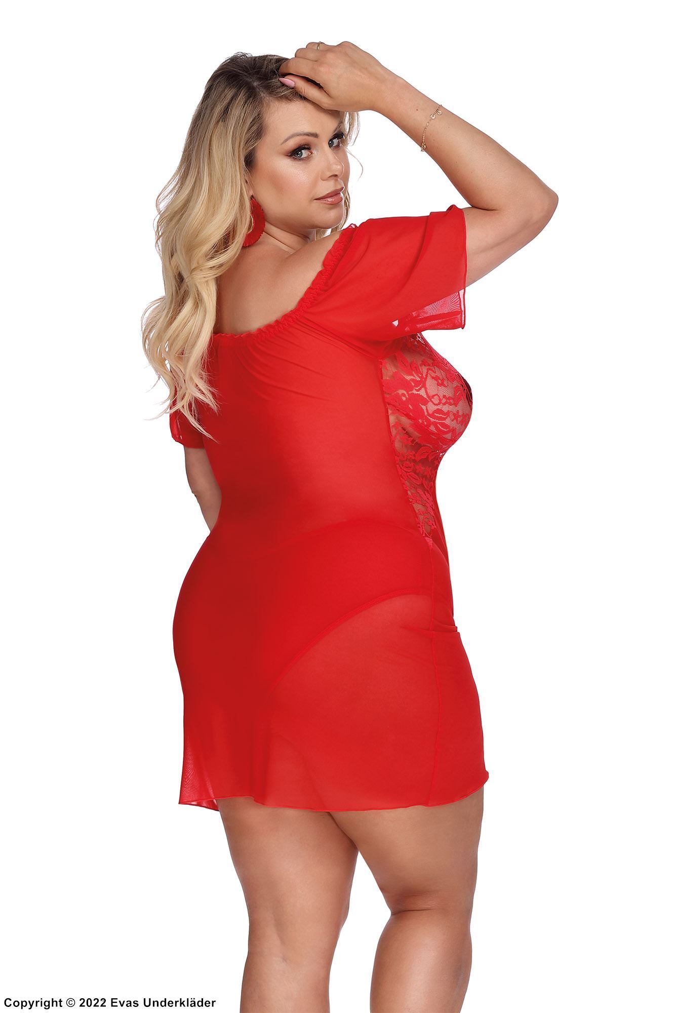 Sexy Unterhemd, Tüll, durchsichtig Spitze, off shoulder, ausgestellte Ärmel, Plus Size